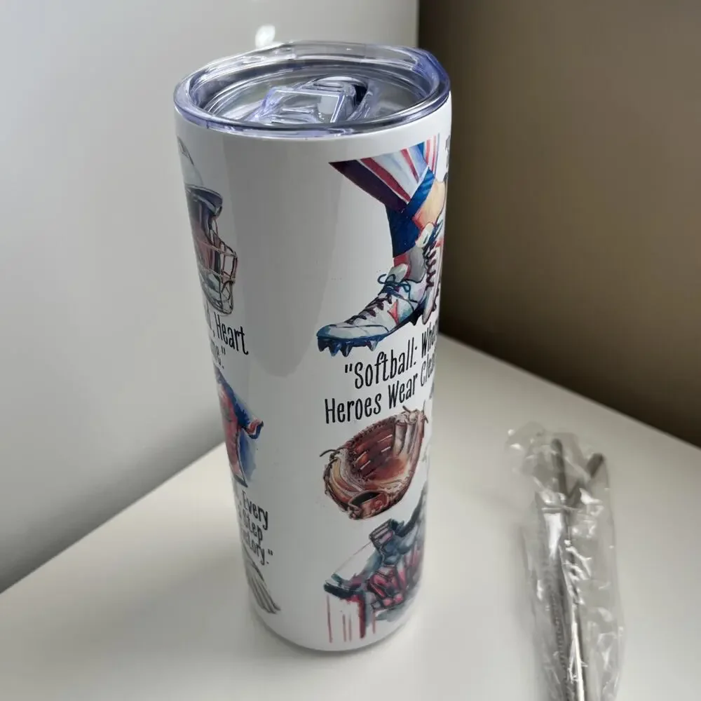 Custom Printed 20oz Tumbler Softball Design With Lid Straws And Straw Cleaner